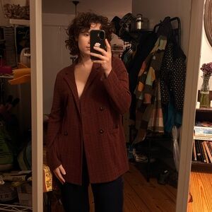 Women's Double-Breasted Maroon Plaid Blazer Cardigan